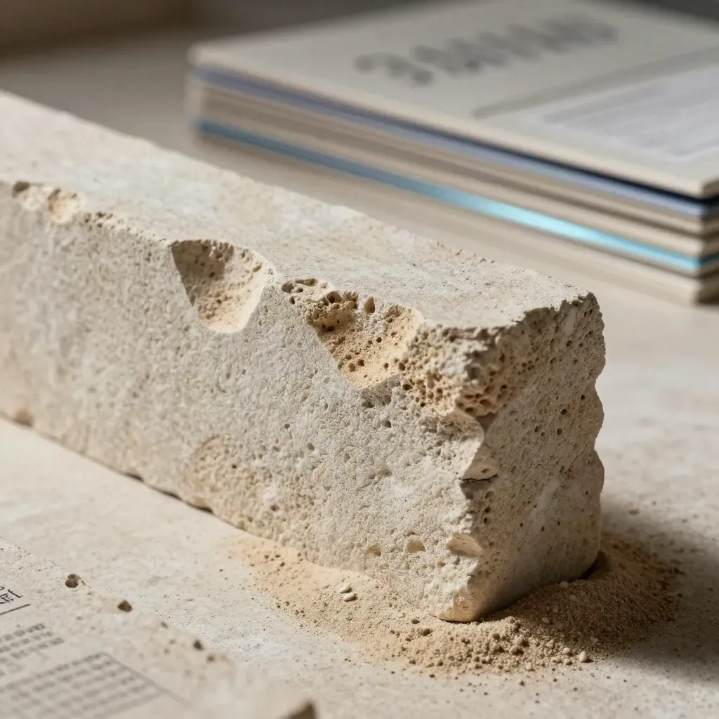 Bloque de arenisca para auditoría SEO local con fichas de piedra y placas de referencia, luz dura lateral.