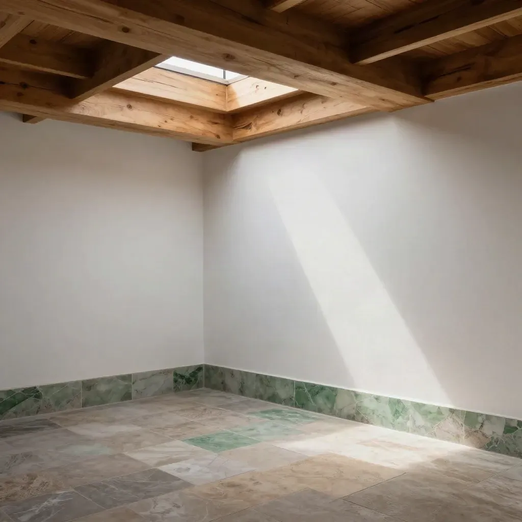 Pasillo blanco con lucernario y lamas de madera, sol en franjas sobre suelo calmado.